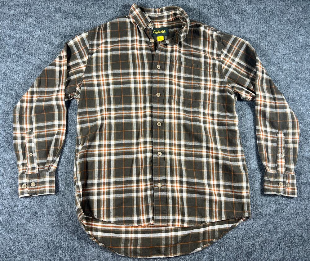 Cabelas Mens M Regular Plaid Flannel Shirt Brown Orange Button Down Outdoor